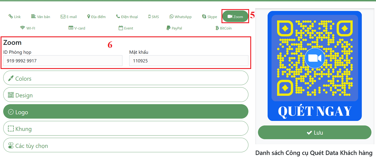 Thiết lập và nhập giá trị để Tạo QR code