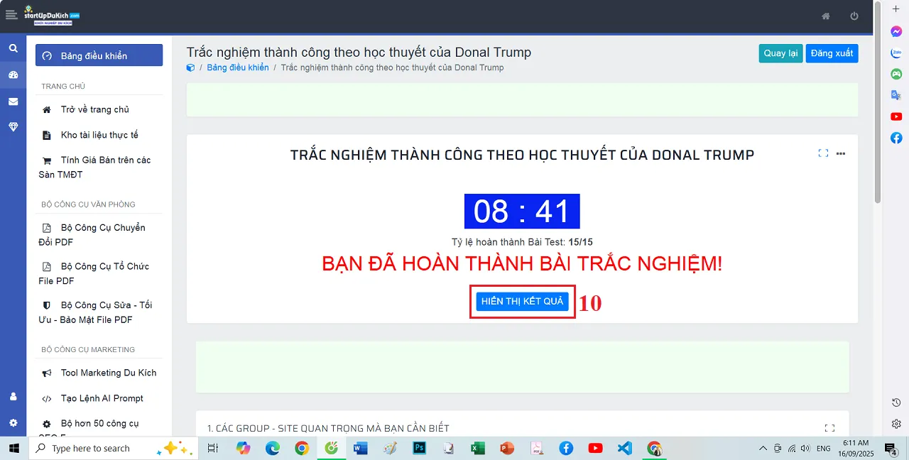 Giao diện Hoàn thành bài Trắc nghiệm Độ thành công