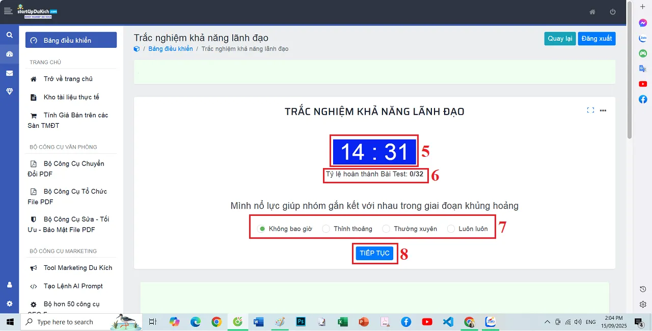 Giao diện làm bài Trắc nghiệm khả năng lãnh đạo