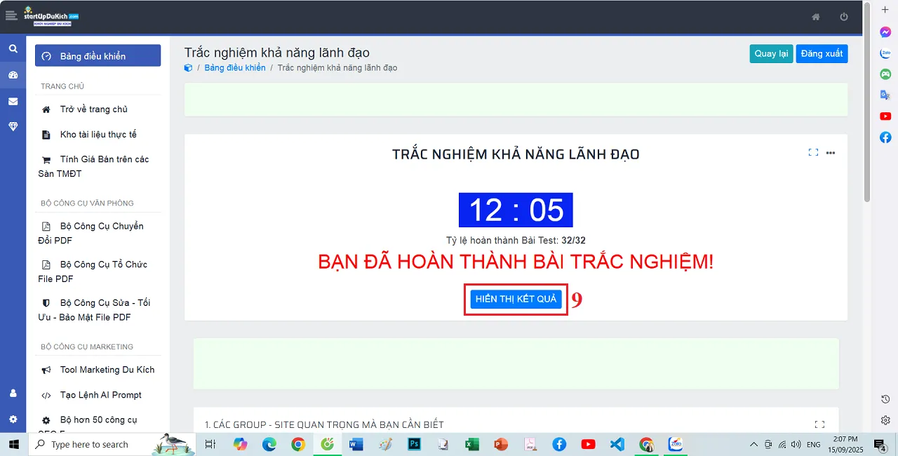 Giao diện Hoàn thành bài Trắc nghiệm khả năng lãnh đạo