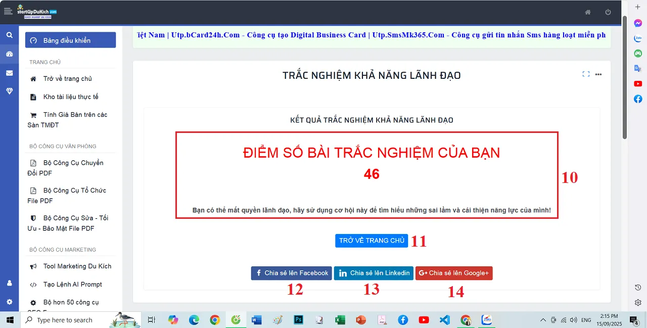 Kết quả Trắc nghiệm khả năng lãnh đạo