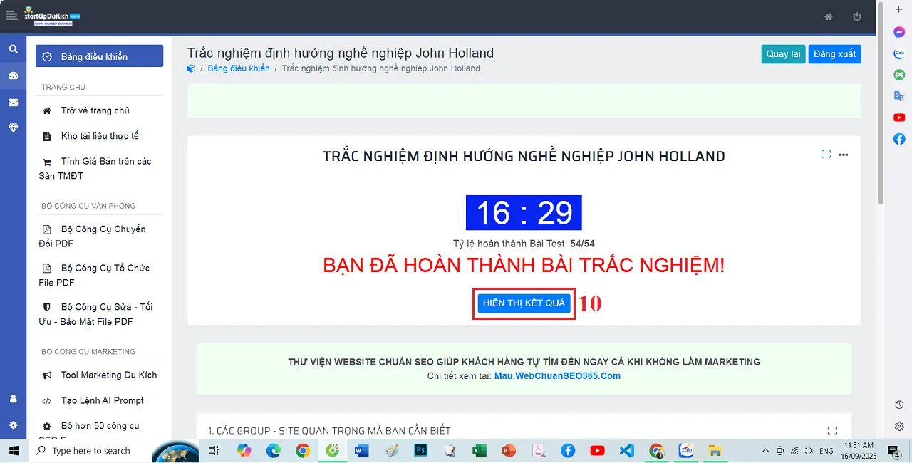 Giao diện Hoàn thành bài trắc nghiệm nghề nghiệp online theo học thuyết JOHN HOLLAND