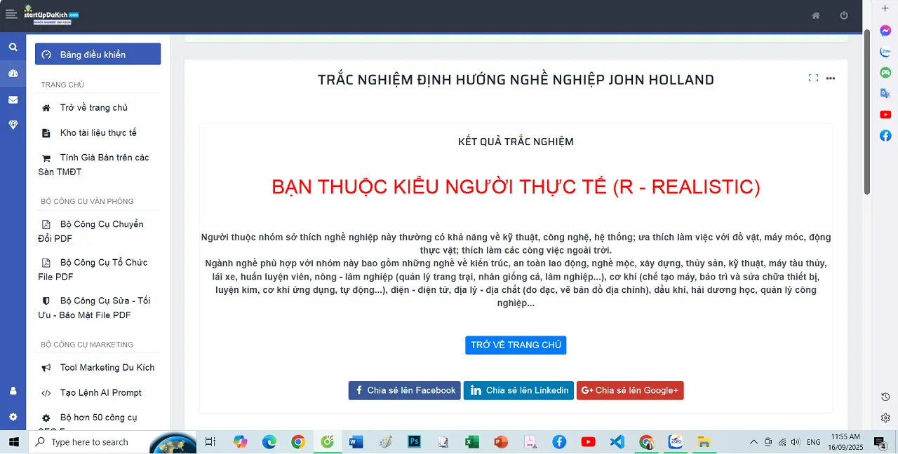 Kết quả thực hiện bài trắc nghiệm nghề nghiệp online theo học thuyết JOHN HOLLAND