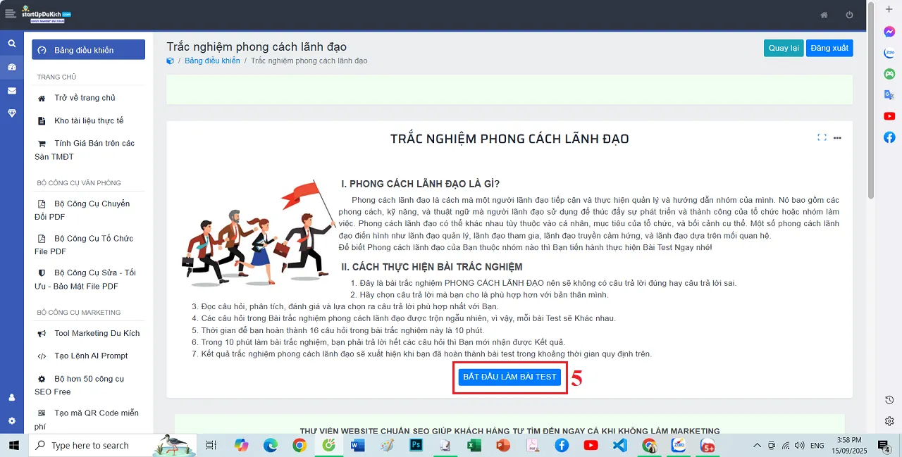 Giao diện làm việc của Công cụ Trắc nghiệm phong cách lãnh đạo miễn phí
