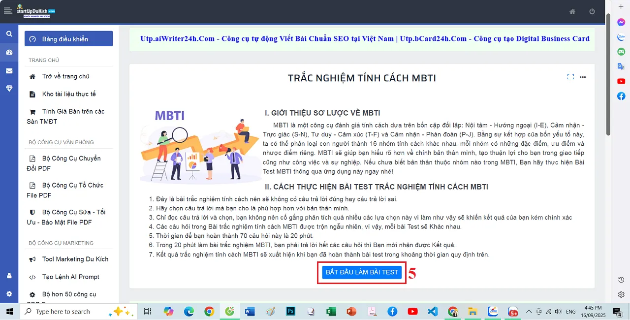 Giao diện làm việc của công cụ trắc nghiệm tính cách theo mô hình MBTI