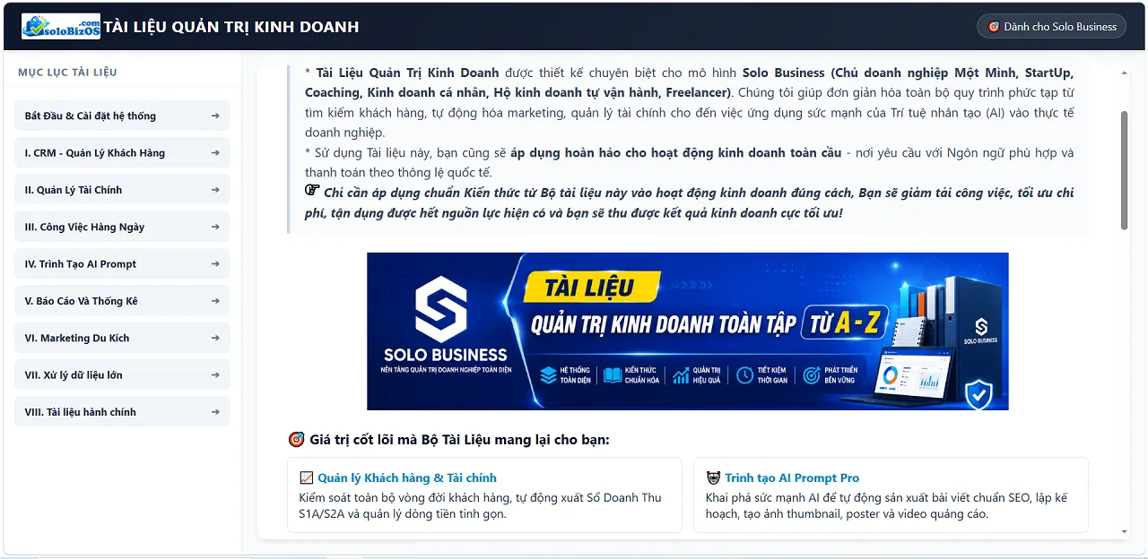 Giao diện Tài liệu quản trị kinh doanh thực tế dành cho Solo Business