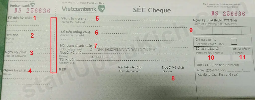 Cách viết séc rút tiền mặt Vietcombank - Mặt trước của tờ Séc Vietcombank