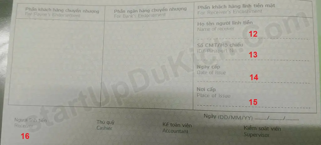 Cách viết séc rút tiền mặt Vietcombank - Mặt sau của tờ séc