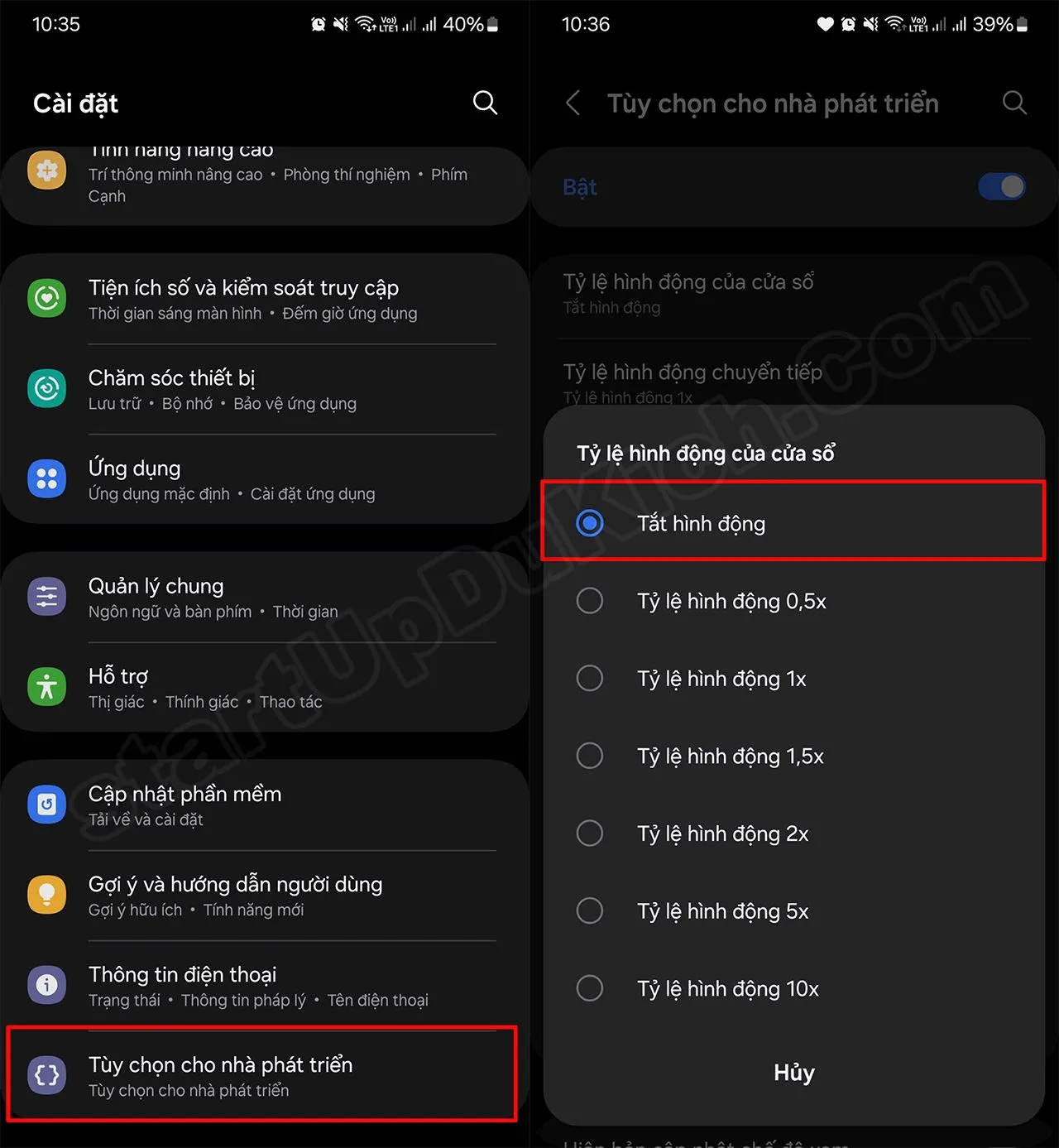 Giảm tỉ lệ hình động về mức 0.0x hoặc 0.5x có thể giúp tăng tốc điện thoại Android