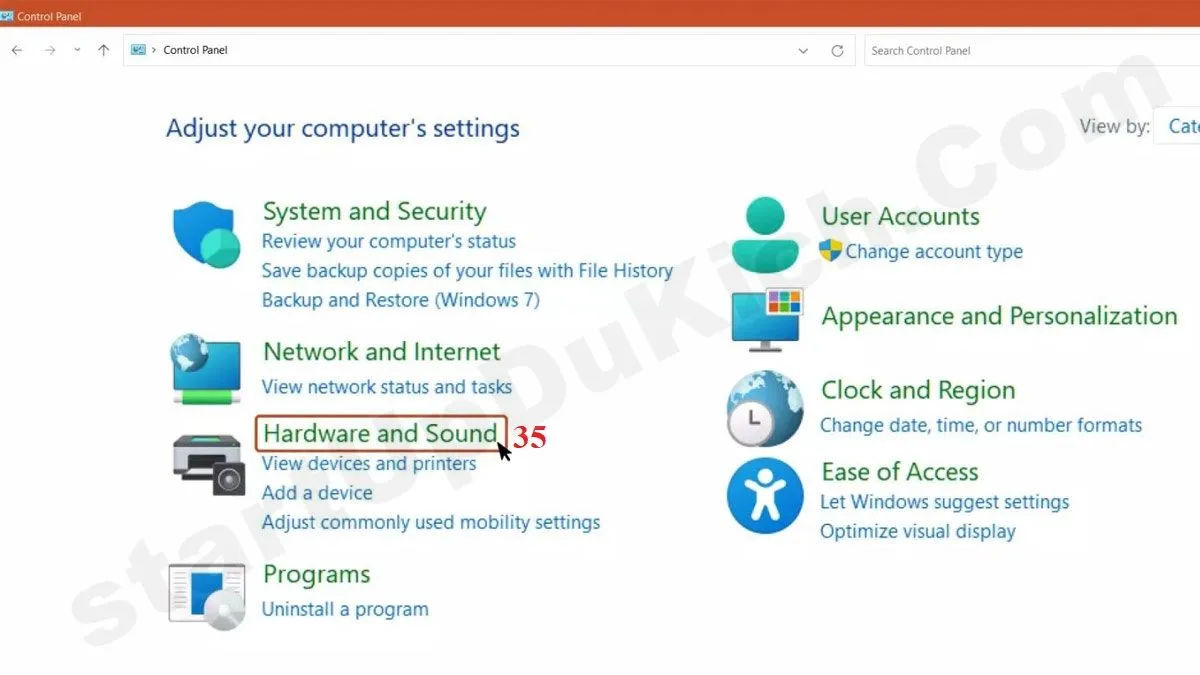 Mở chức năng điều khiển Phần cứng và âm thanh