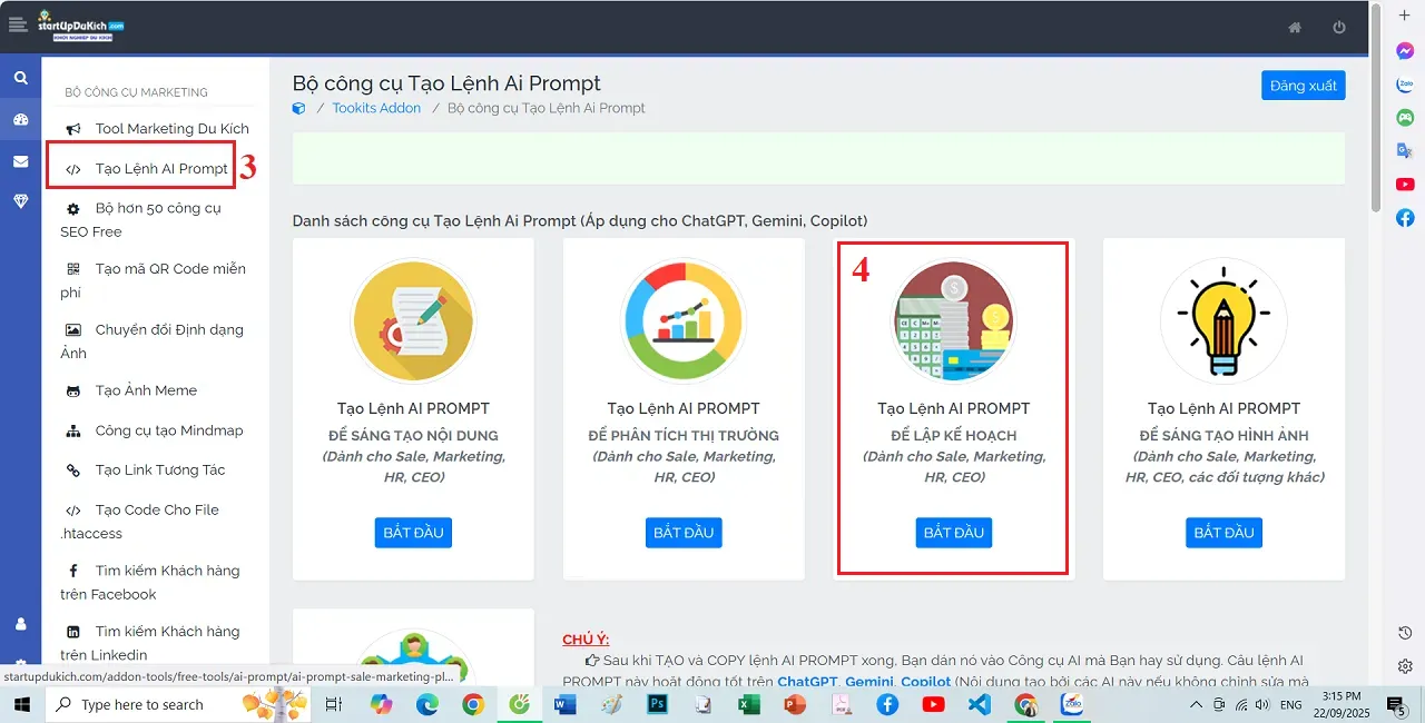 Mở công cụ tạo AI Prompt để lập kế hoạch cho startUp