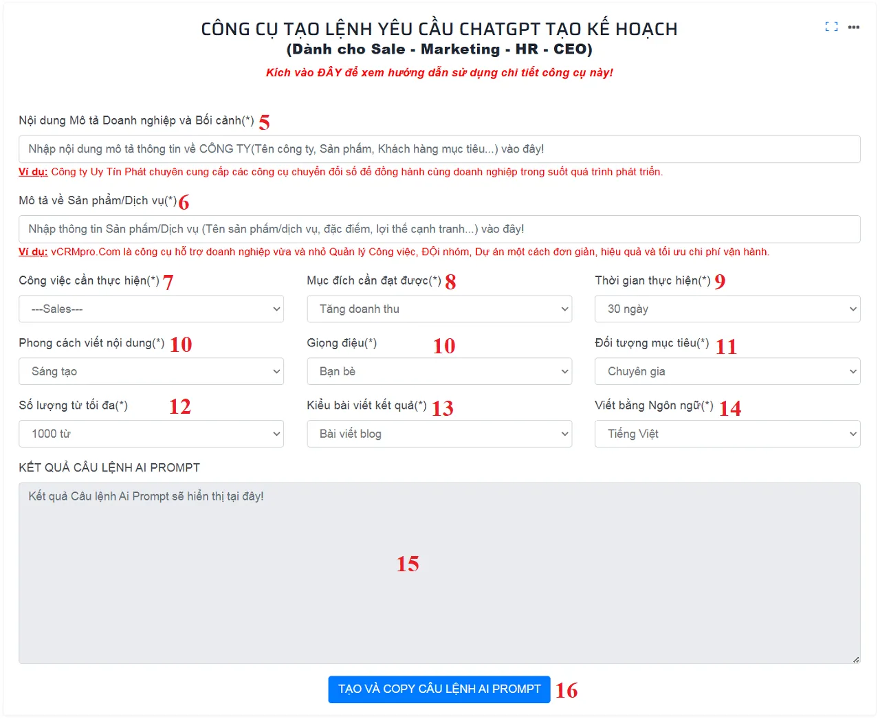 Giao diện làm việc của công cụ tạo AI Prompt để lập kế hoạch cho startUp