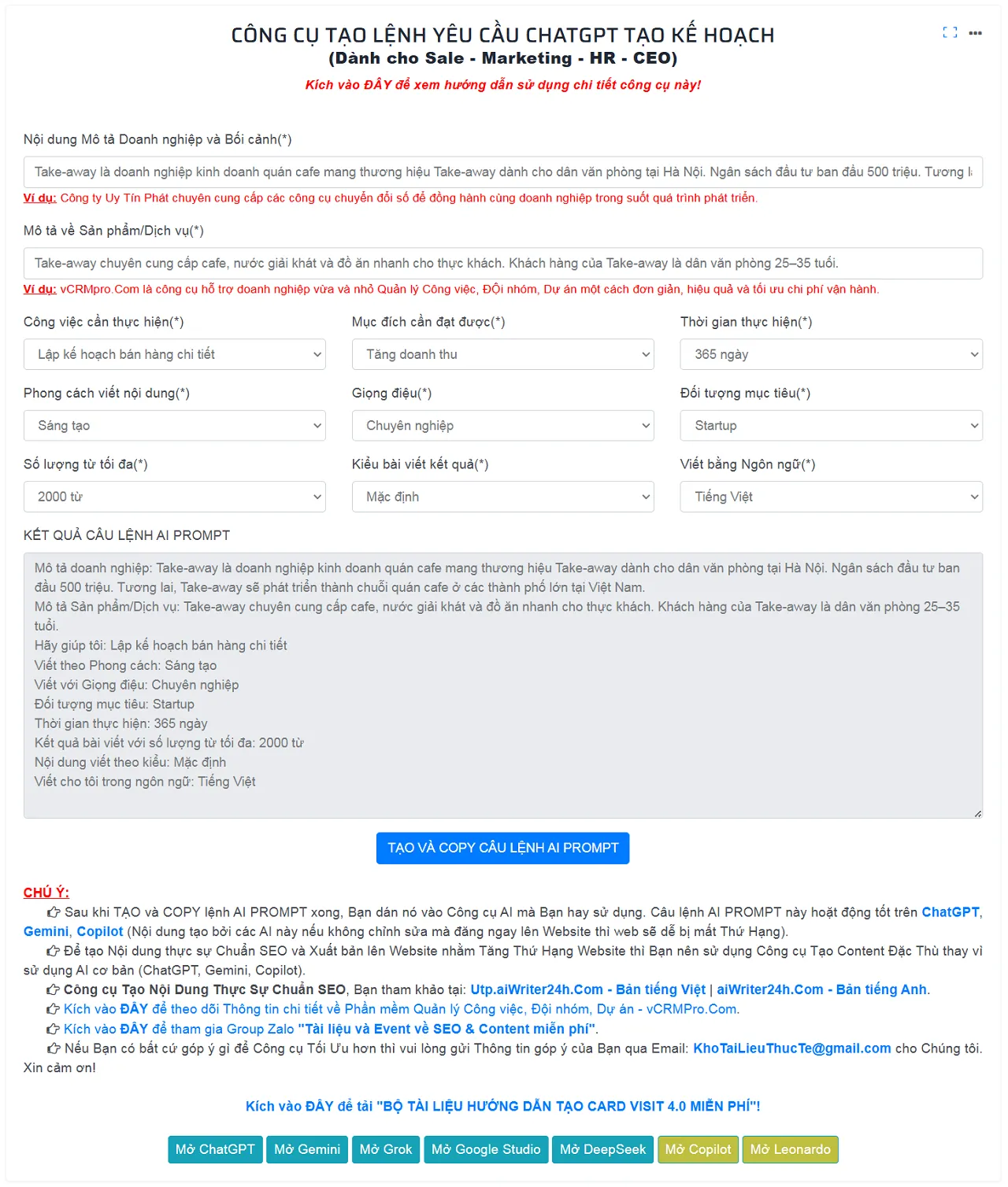 Kết quả tạo lệnh AI Prompt để lập kế hoạch kinh doanh cho bài toán thực tế