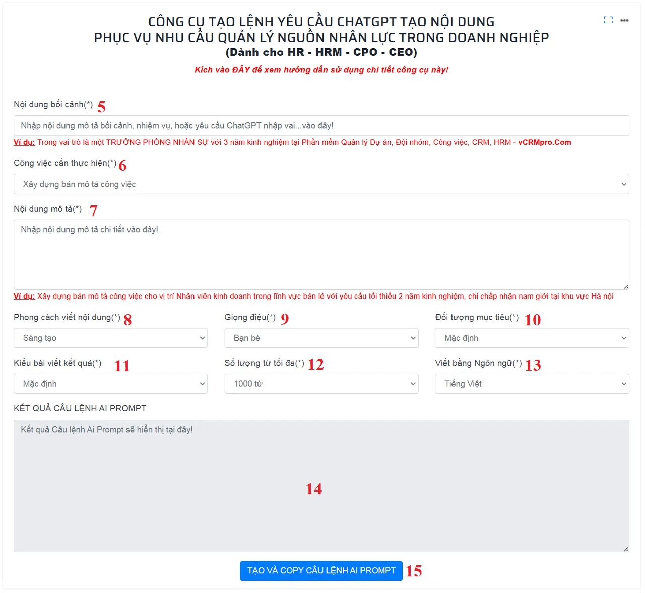 Giao diện làm việc của Công cụ Online tạo AI Prompt miễn phí cho công việc nhân sự của startUp