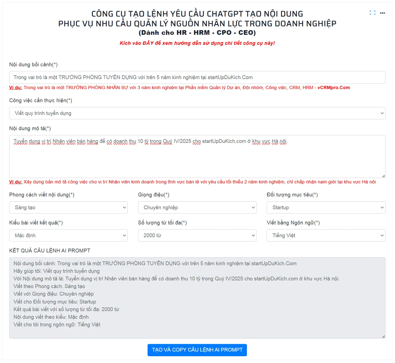Kết quả Tạo Ai Prompt để giải quyết Bài toán nhân sự cho startUp