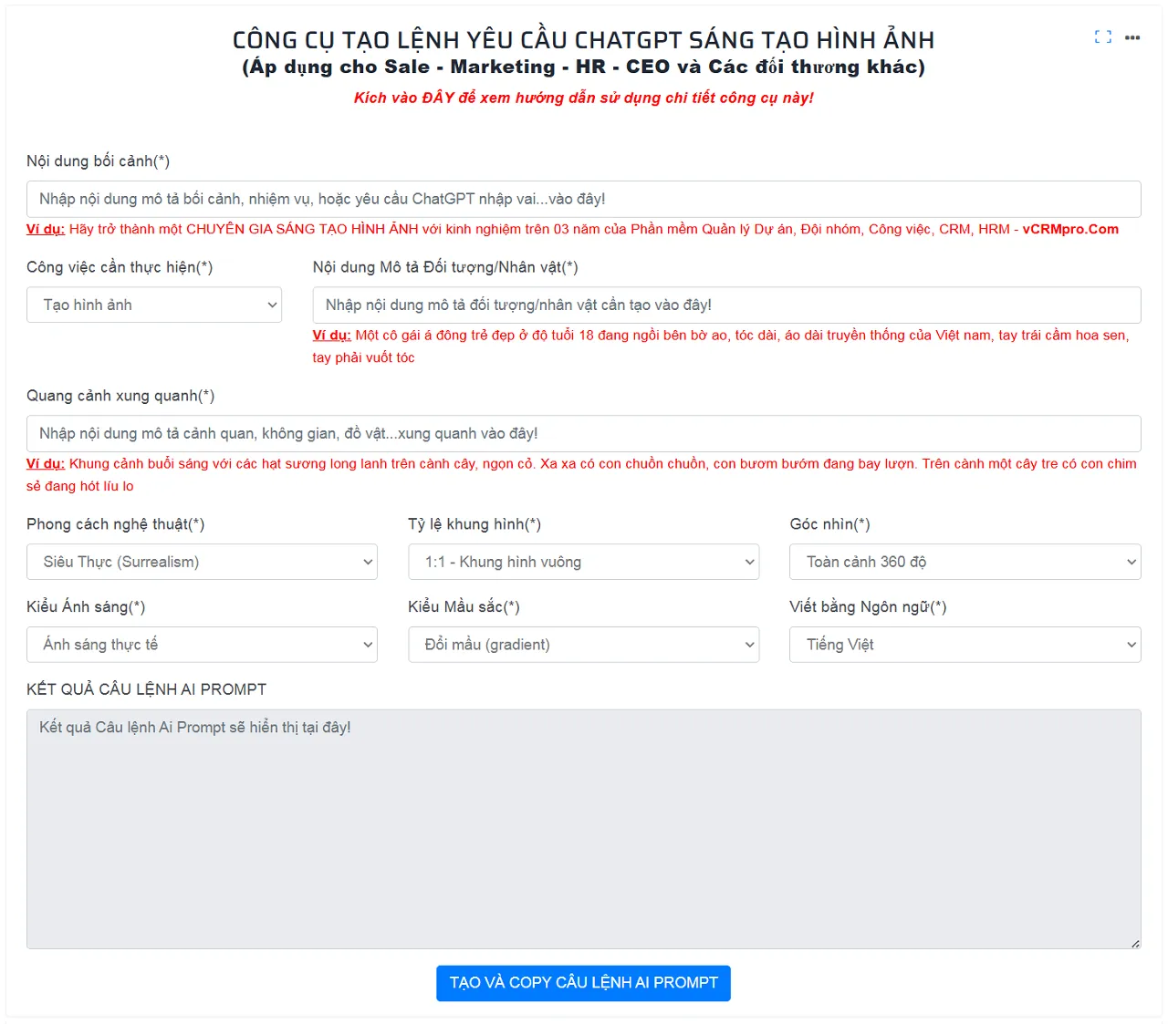 Giao diện làm việc của Công cụ tạo AI Prompt để sáng tạo hình ảnh