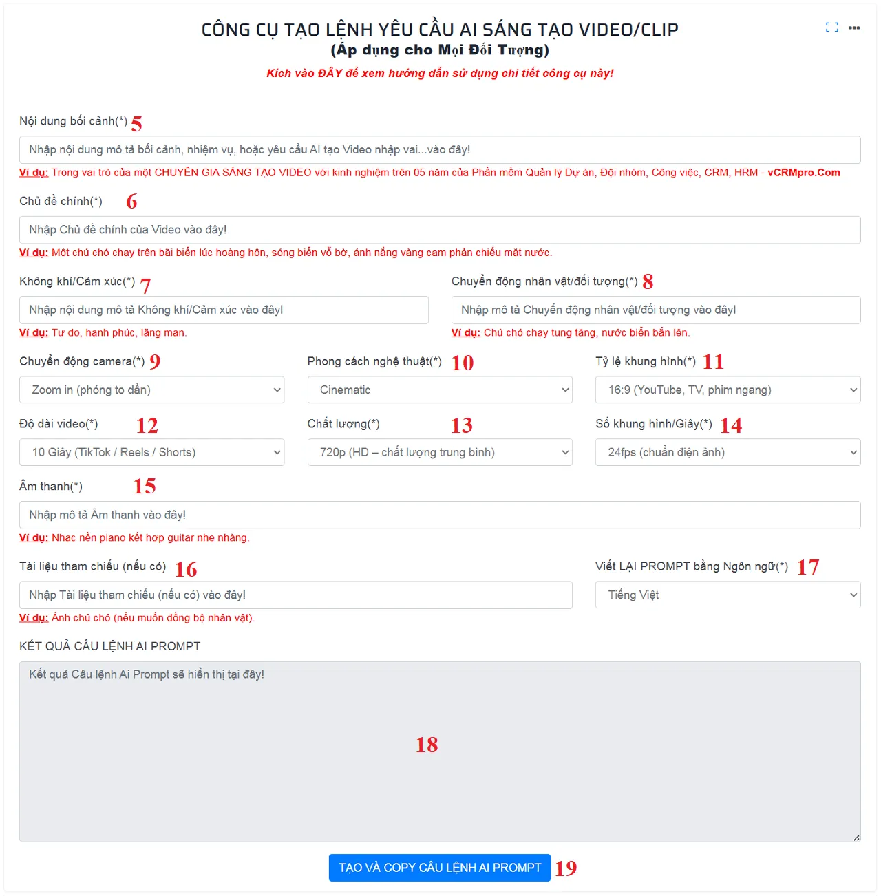 Giao diện làm việc của công cụ tạo AI Prompt để ra lệnh cho AI tạo Video