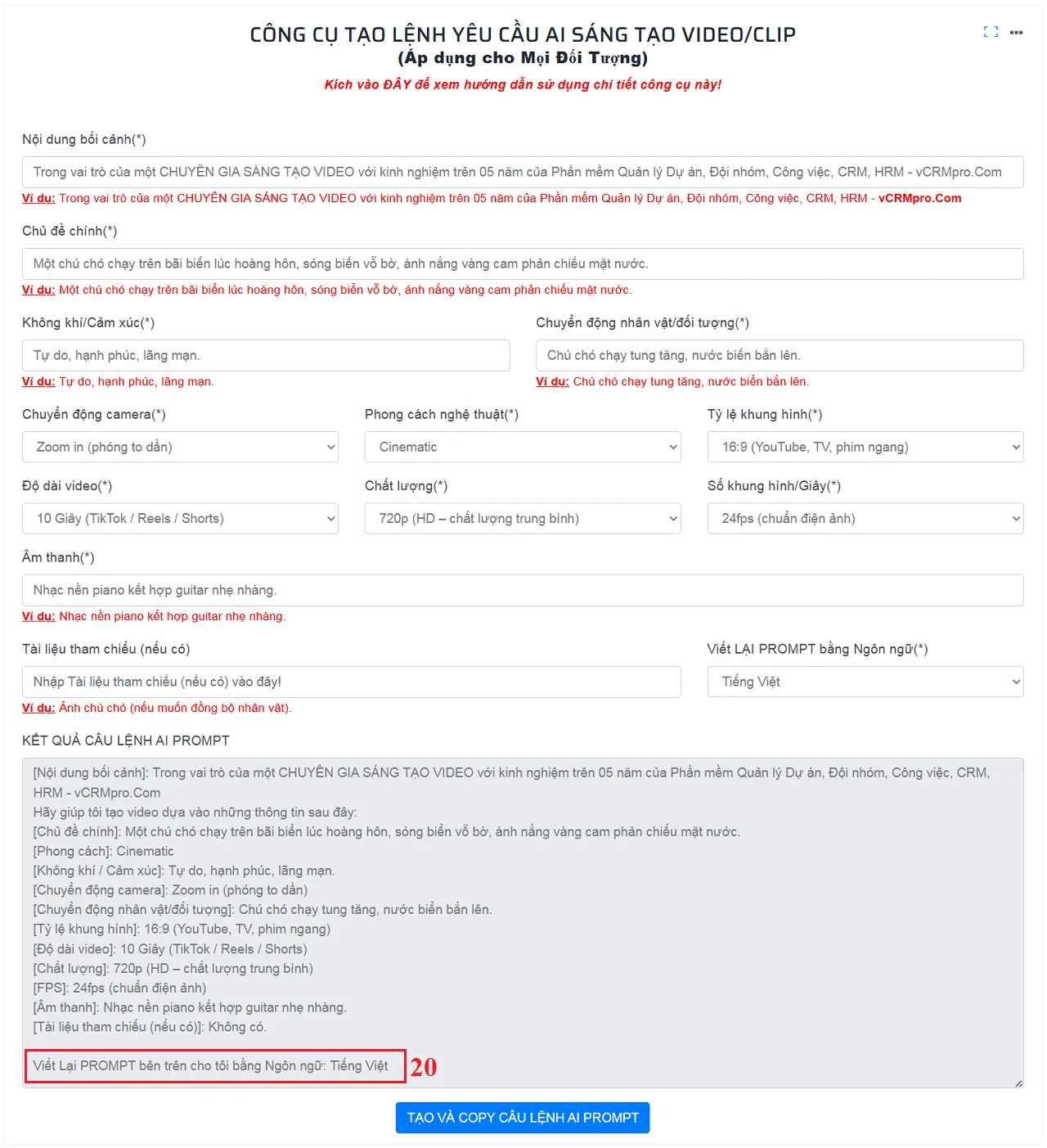 Kết quả tạo lệnh AI Prompt để tạo Video
