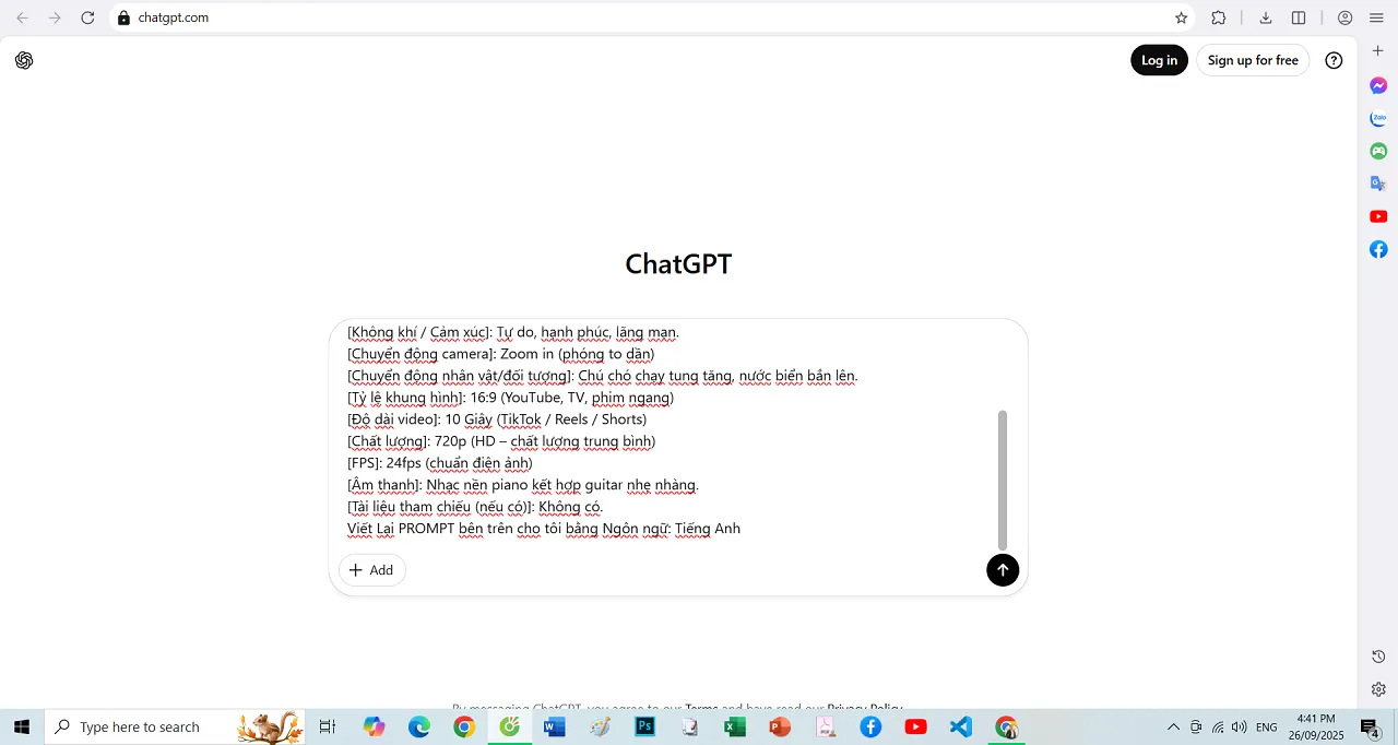 Yêu cầu ChatGPT viết lại lệnh AI Prompt để tạo Video ở chế độ tiếng Anh