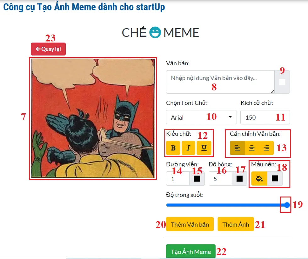 Giao diện thiết kế Ảnh Meme từ phần mềm online miễn phí