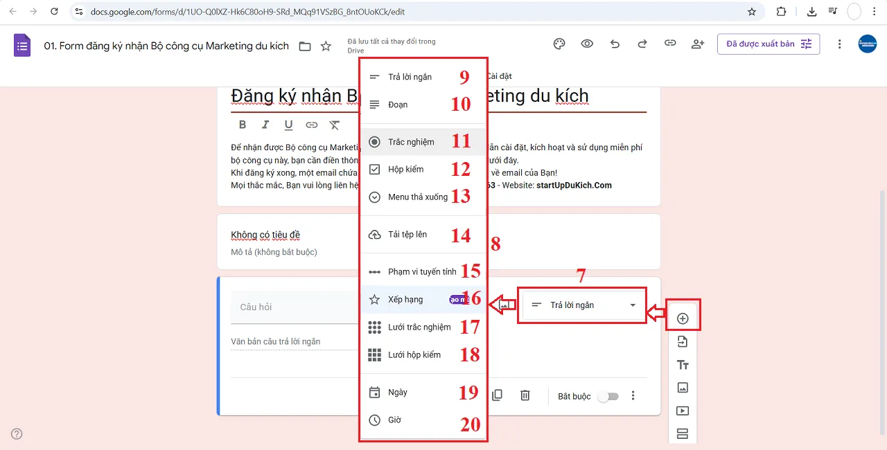 Các kiểu dữ liệu của Ô nhập liệu trong giao diện thiết kế form đăng ký của Google Form
