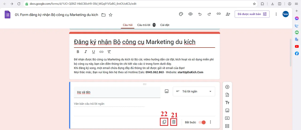 Cách để Sửa - Nhân bản - Xóa một thành phần khi tạo form đăng ký