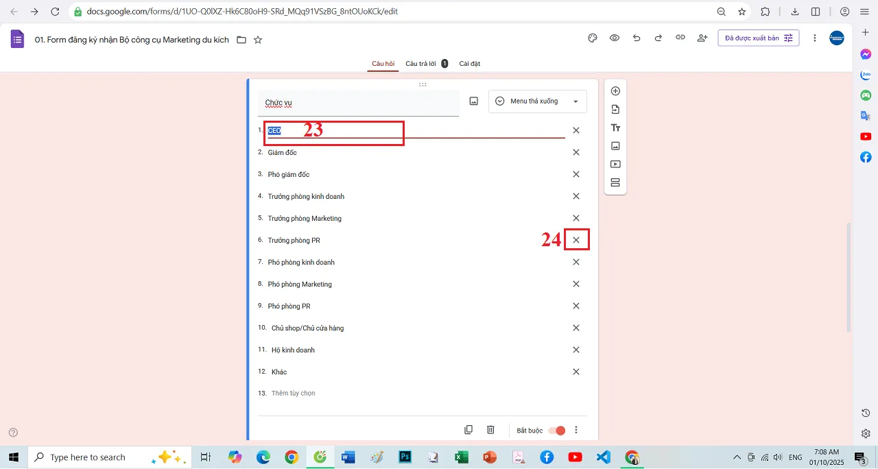 Cách Sửa - Xóa một giá trị của Phần tử khi tạo Form đăng ký