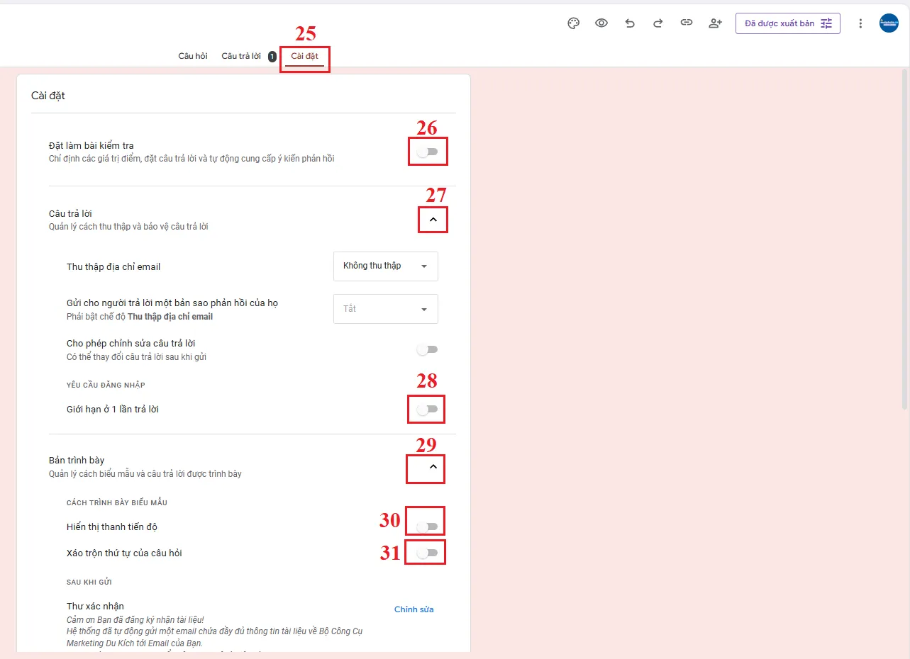 Các thiết lập dành riêng cho Form dạng Bài tập trắc nghiệm