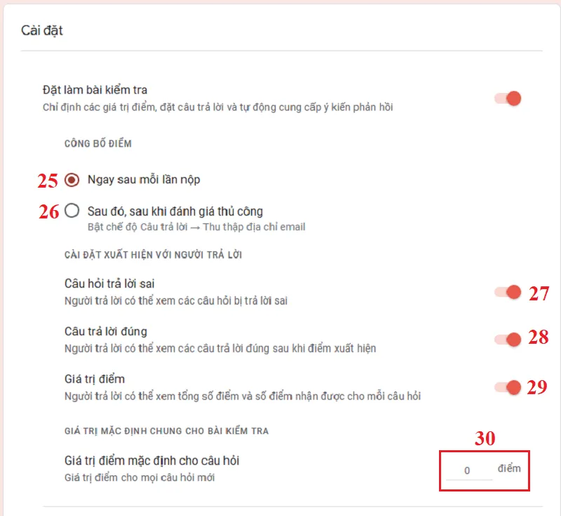 Thiết lập Đặt làm bài kiểm tra khi tạo Form đăng ký