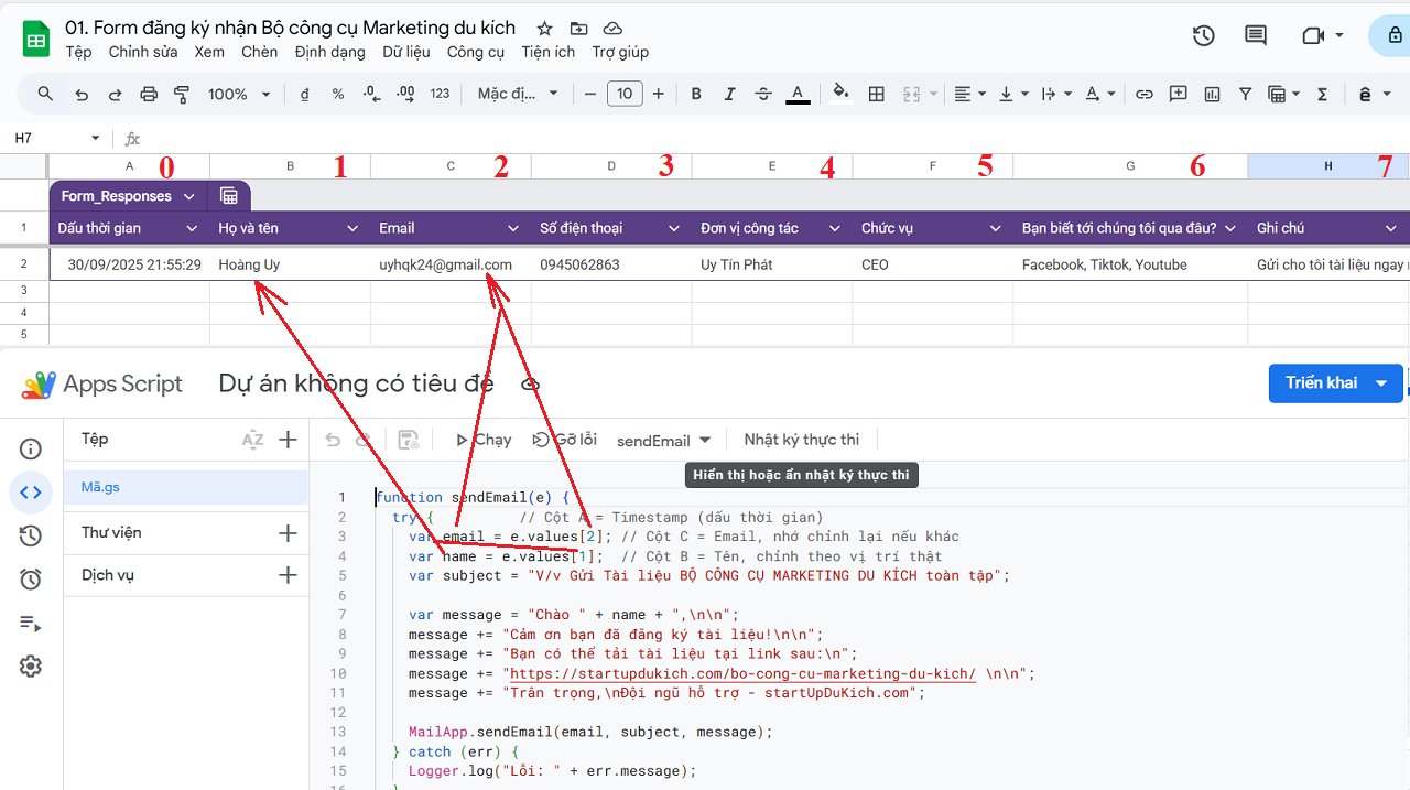 Cách tổ chức biến để lấy đúng giá trị Tên, Email khi tạo App Script