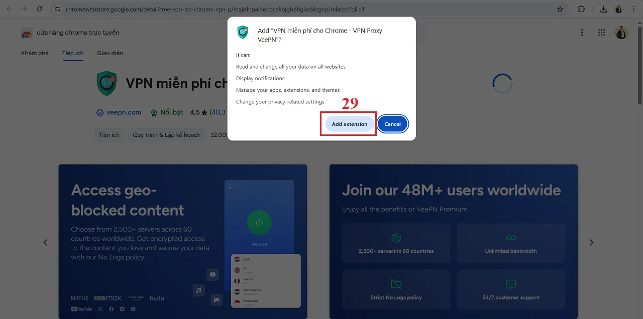 Xác nhận việc tải và cài Thành phần mở rộng VPN cho trình duyệt Chrome