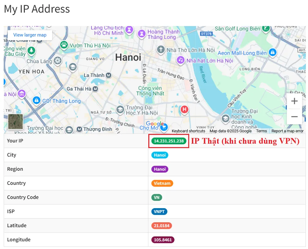 IP Thật - Khi chưa dùng VPN theo hướng dẫn trên