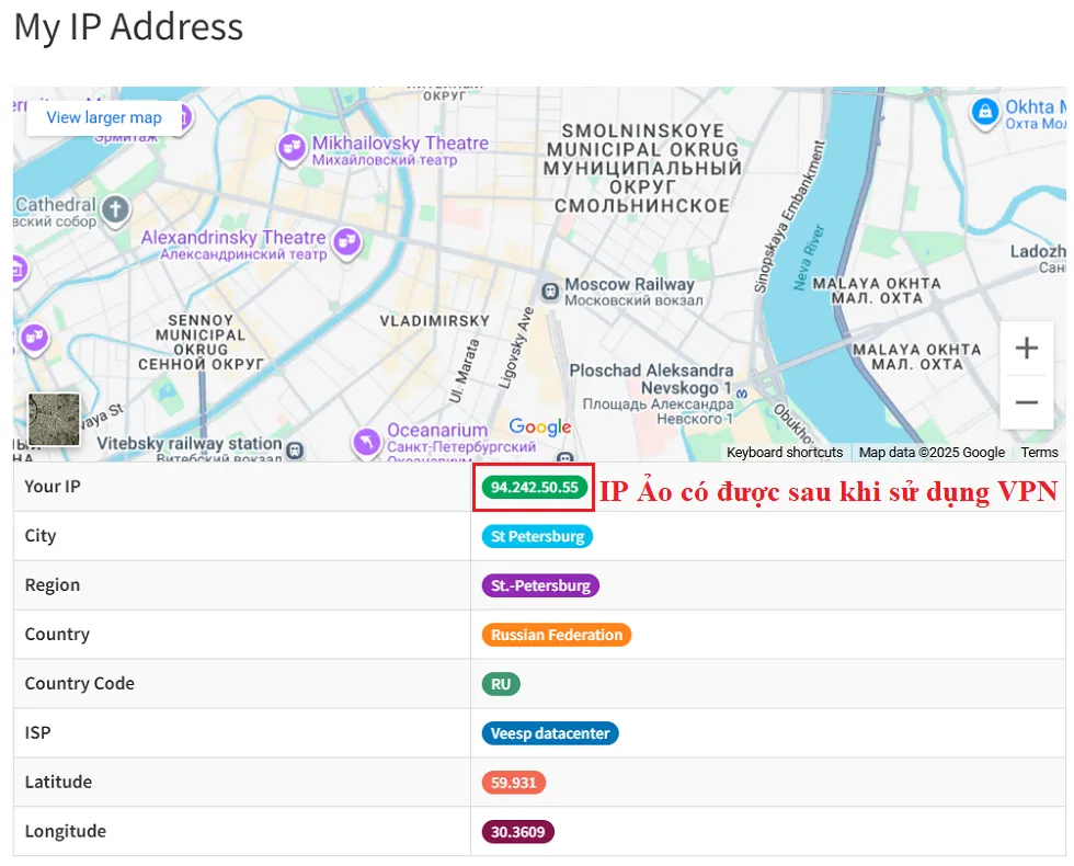Kết quả tạo IP Ảo sau khi áp dụng VPN theo hướng dẫn ở Bước 2 bên trên