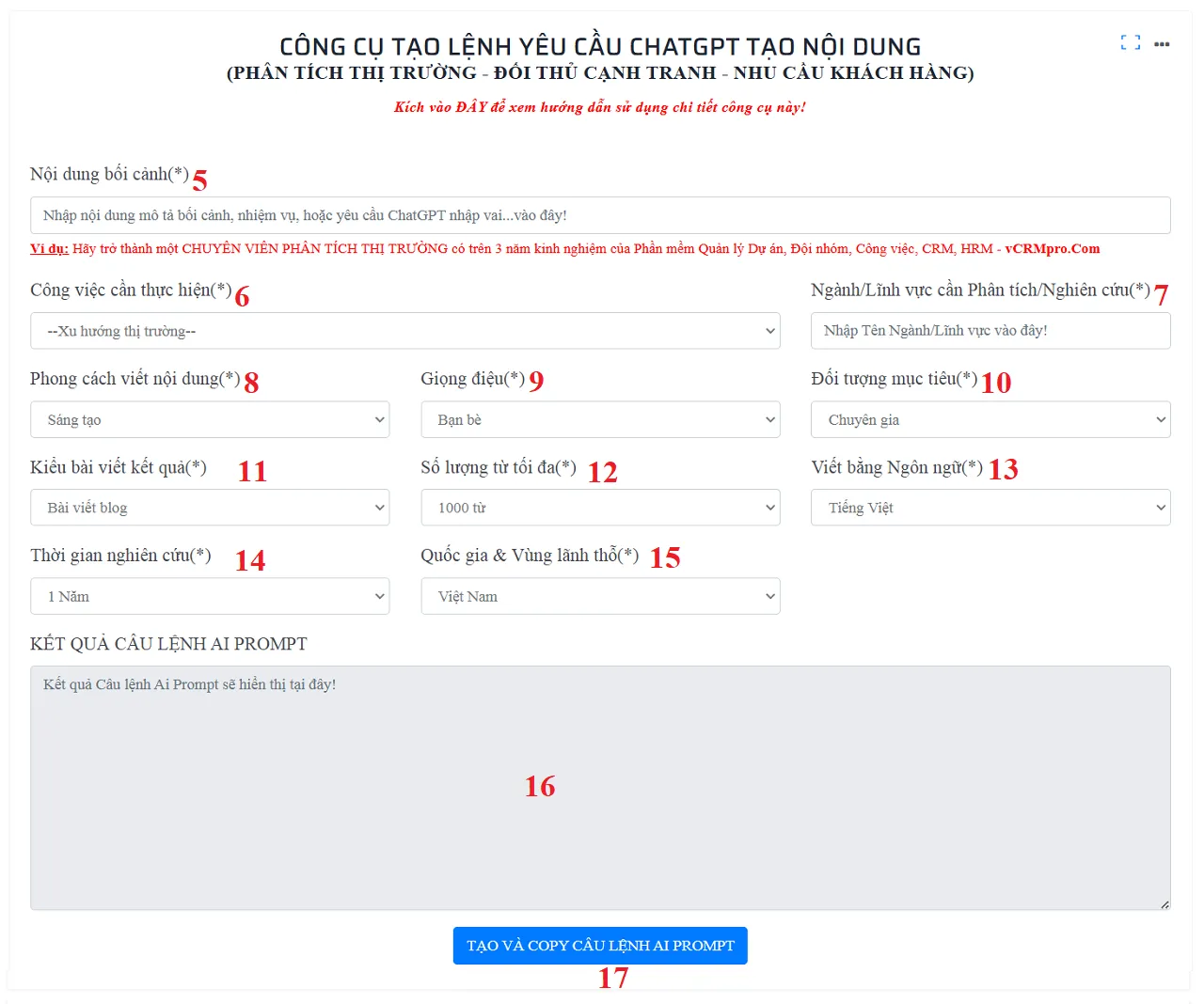 Giao diện làm việc của Công cụ tạo AI Prompt để phân tích thị trường