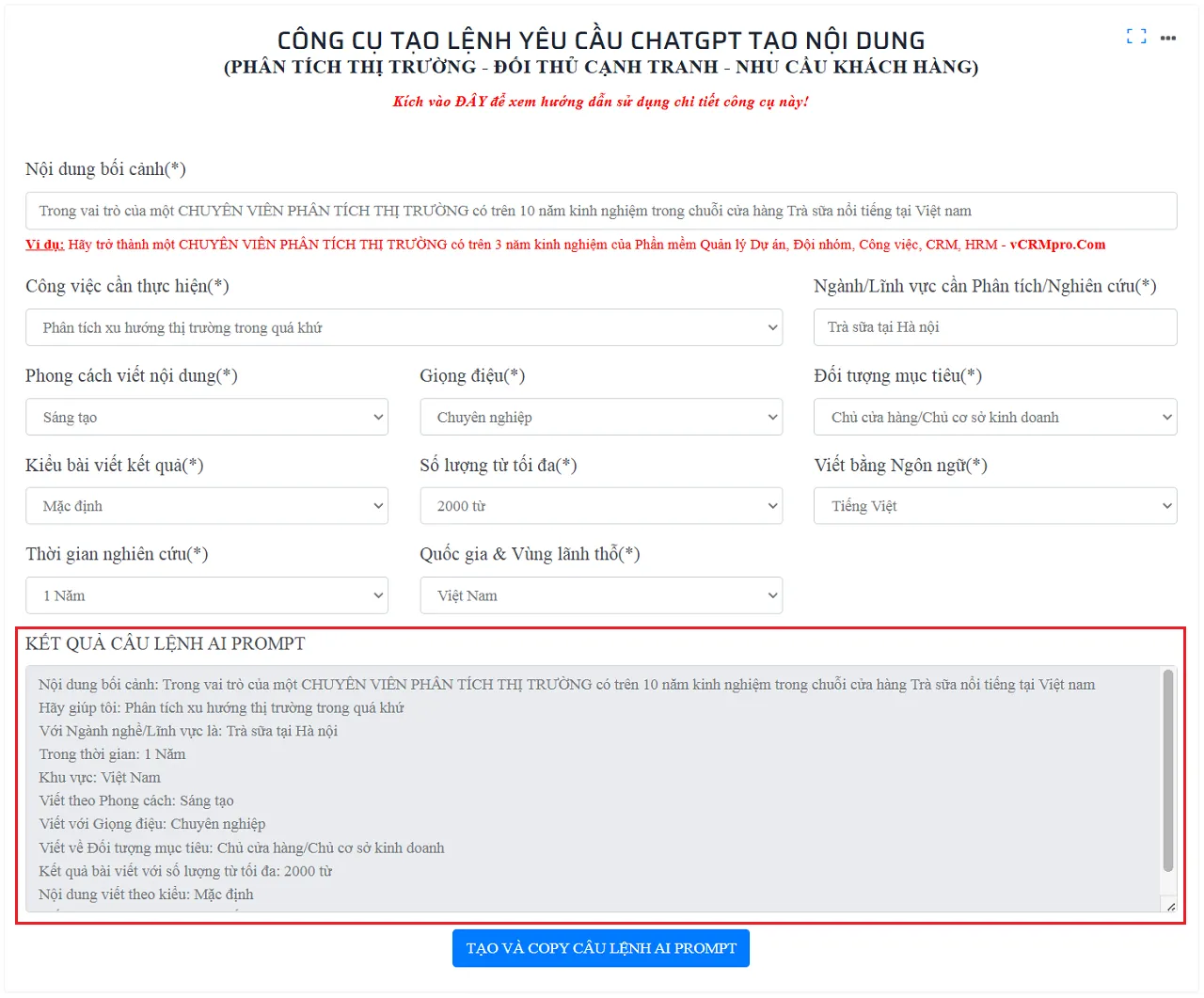 Kết quả nhận được sau khi tạo AI Prompt từ công cụ online miễn phí