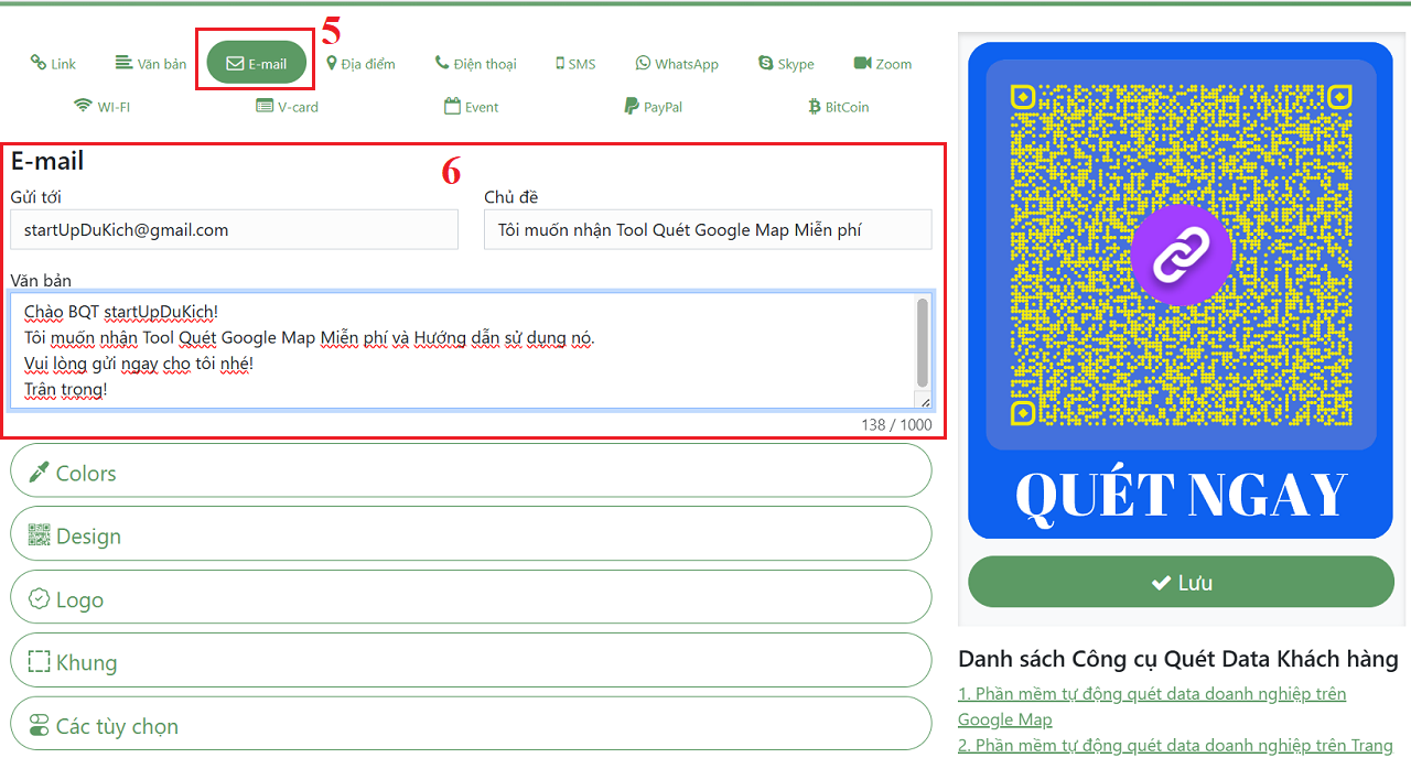 Thiết lập và nhập giá trị để tạo QR Code cho E-mail