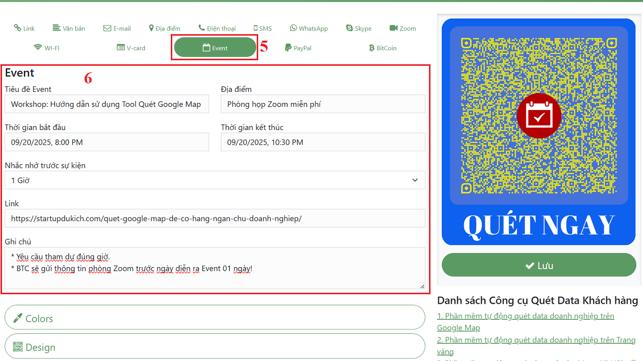 Thiết lập và nhập giá trị để tạo QR Code