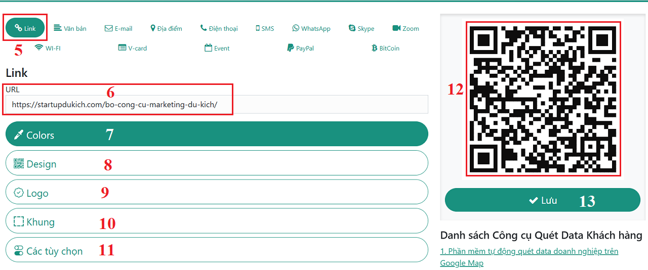 Thiết lập và Nhập giá trị để tạo QR Code cho link