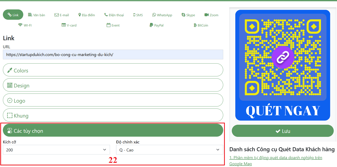 Thiết lập Kích cỡ và Độ chính xác cao cho QR Code