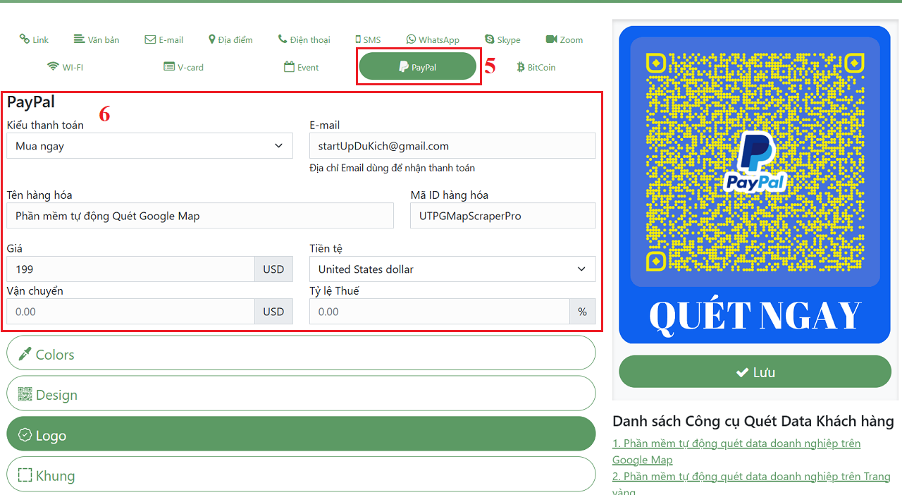 Thiết lập và nhập giá trị để tạo QR Code