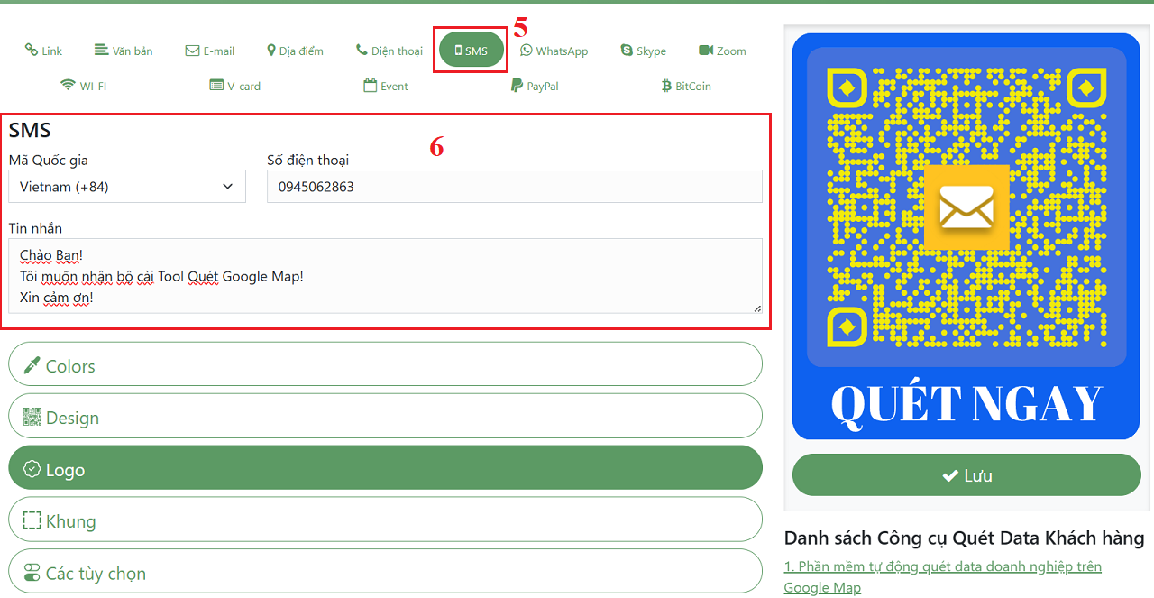 Thiết lập và nhập giá trị để tạo QR Code