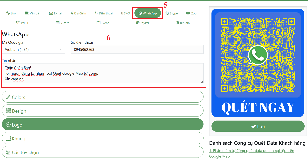 Thiết lập và nhập giá trị để tạo QR Code