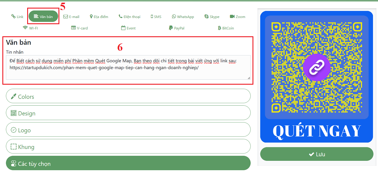 Thiết lập và nhập giá trị để Tạo QR Code