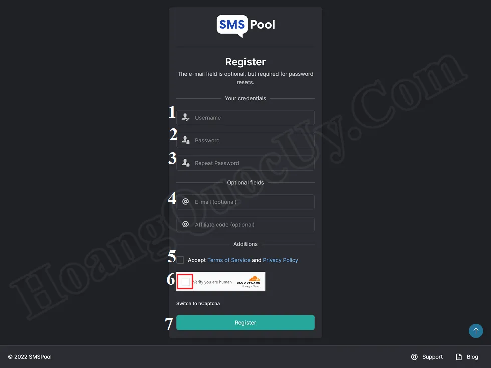 Màn hình đăng ký tài khoản thành viên trên Smspool.net
