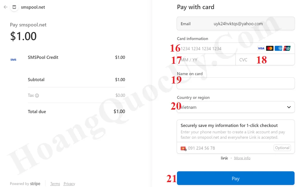 Màn hình thanh toán khoản tiền để mua số điện thoại ảo từ Smspool.net