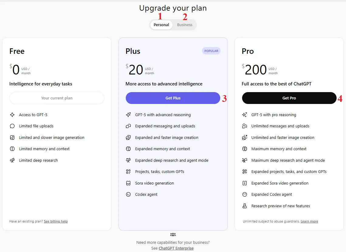 Chọn Gói dịch vụ ChatGPT Plus phục vụ mục đích Cá nhân của Bạn