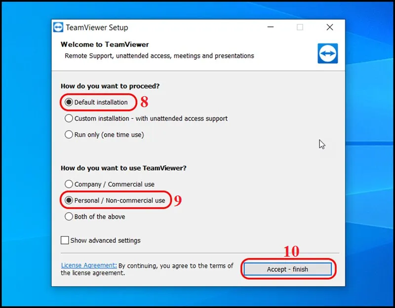 Chọn các thiết lập để Cài đặt Phần mềm Teamviewer