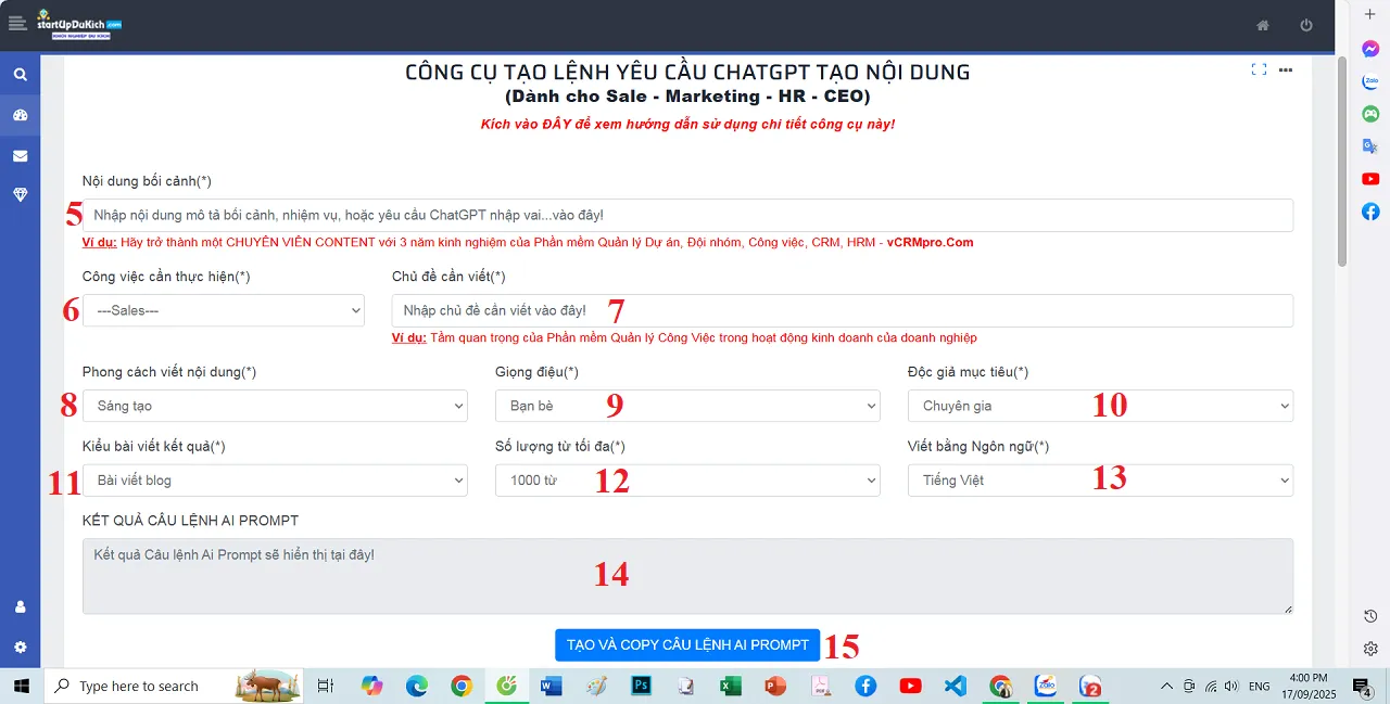 Giao diện làm việc của Công cụ tạo lệnh AI Prompt Online miễn phí