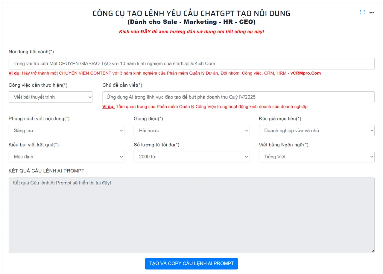 Nhập dữ liệu để Tạo lệnh AI Prompt
