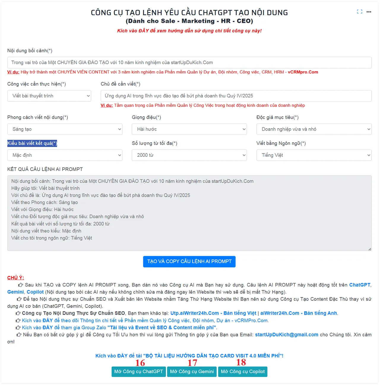 Kết quả tạo lệnh AI Prompt từ công cụ online miễn phí